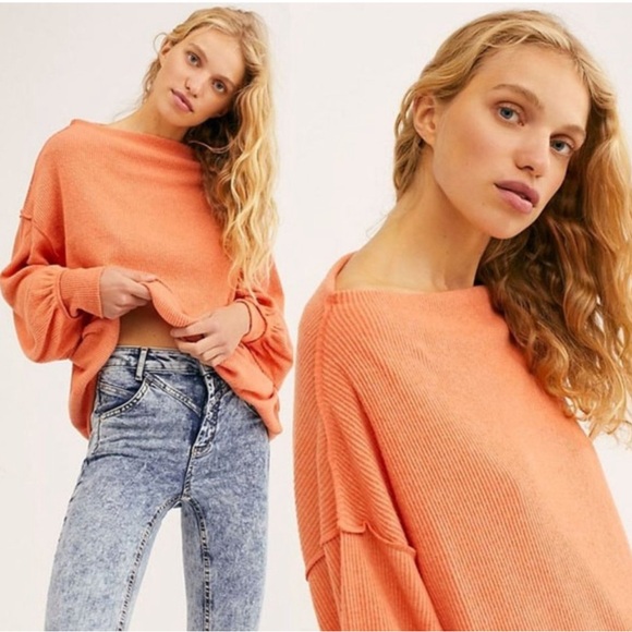 Free People Main Squeeze Hacci Off Shoulder Top XS Cayenne Orange - Picture 2 of 4